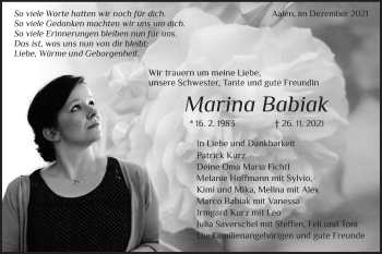 Traueranzeige von Marina Babiak von Schwäbische Post