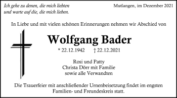 Traueranzeige von Wolfgang Bader von Gmünder Tagespost