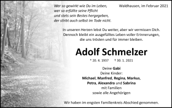 Traueranzeige von Adolf Schmelzer von Schwäbische Post