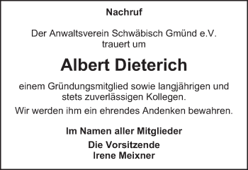 Traueranzeige von Albert Dieterich von Gmünder Tagespost