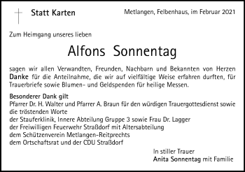 Traueranzeige von Alfons Sonnentag von Gmünder Tagespost