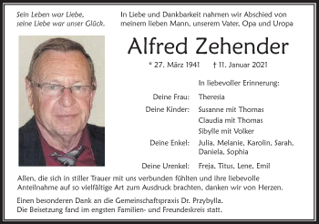 Traueranzeige von Alfred Zehender von Schwäbische Post