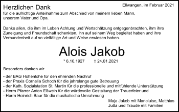 Traueranzeige von Alois Jakob von Schwäbische Post