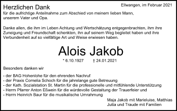 Traueranzeige von Alois Jakob