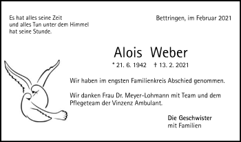 Traueranzeige von Alois Weber