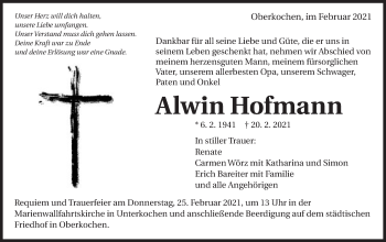 Traueranzeige von Alwin Hofmann von Schwäbische Post