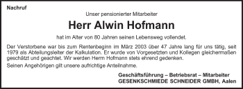 Traueranzeige von Alwin Hofmann von Schwäbische Post