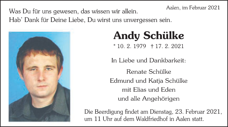  Traueranzeige für Andy Schülke vom 19.02.2021 aus Schwäbische Post