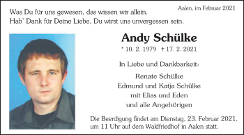Traueranzeige von Andy Schülke von Schwäbische Post