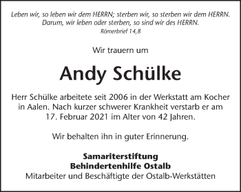 Traueranzeige von Andy Schülke von Schwäbische Post