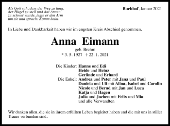 Traueranzeige von Anna Eimann von Gmünder Tagespost