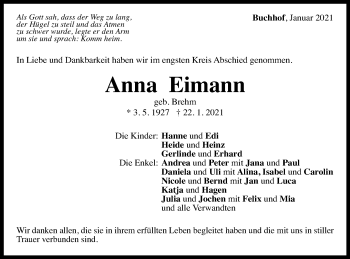 Traueranzeige von Anna Eimann