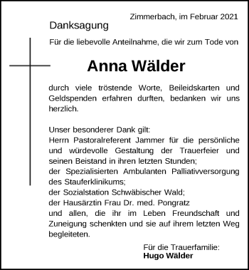 Traueranzeige von Anna Wälder von Gmünder Tagespost