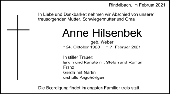 Traueranzeige von Anne Hilsenbek von Schwäbische Post