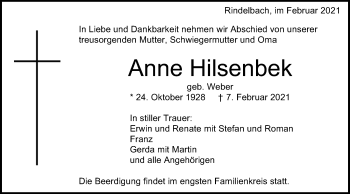 Traueranzeige von Anne Hilsenbek