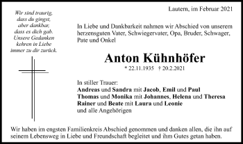 Traueranzeige von Anton Kühnhöfer von Gmünder Tagespost