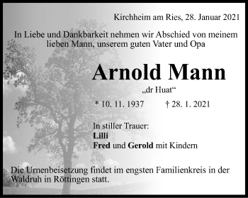 Traueranzeige von Arnold Mann von Schwäbische Post