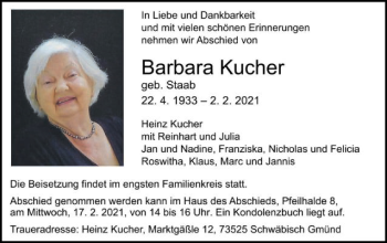 Traueranzeige von Barbara Kucher von Gmünder Tagespost