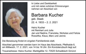 Traueranzeige von Barbara Kucher