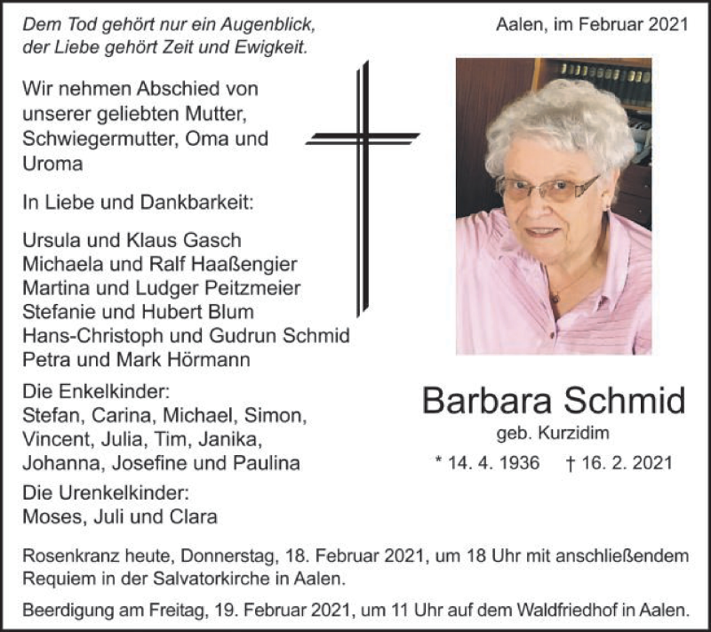  Traueranzeige für Barbara Schmid vom 18.02.2021 aus Schwäbische Post