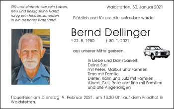Traueranzeige von Bernd Dellinger von Gmünder Tagespost
