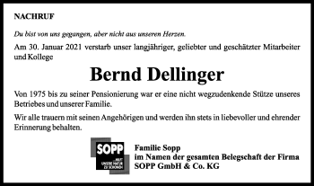 Traueranzeige von Bernd Dellinger