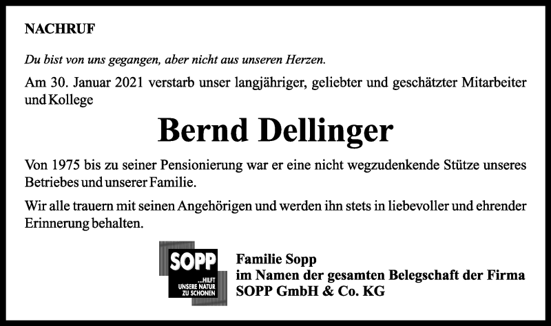  Traueranzeige für Bernd Dellinger vom 06.02.2021 aus Gmünder Tagespost