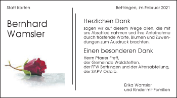 Traueranzeige von Bernhard Wamsler von Gmünder Tagespost