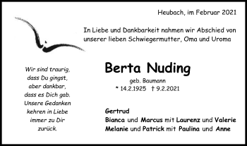 Traueranzeige von Berta Nuding von Gmünder Tagespost