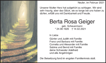 Traueranzeige von Berta Rosa Geiger von Schwäbische Post