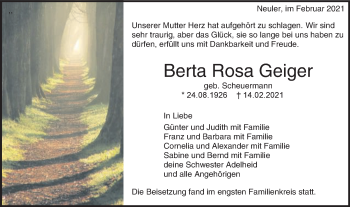 Traueranzeige von Berta Rosa Geiger