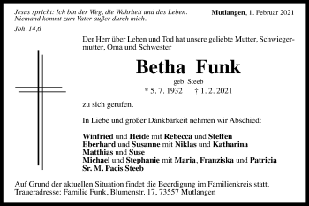 Traueranzeige von Betha Funk von Gmünder Tagespost