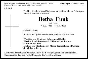 Traueranzeige von Betha Funk