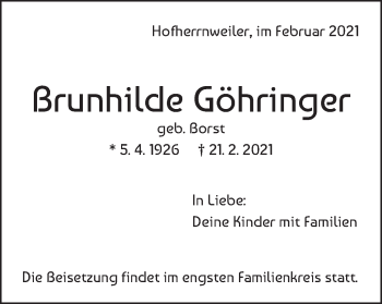 Traueranzeige von Brunhilde Göhringer von Schwäbische Post