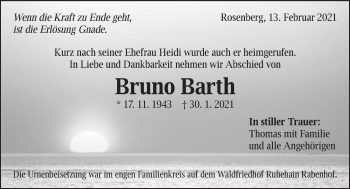 Traueranzeige von Bruno Barth von Schwäbische Post