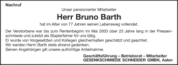 Traueranzeige von Bruno Barth von Schwäbische Post