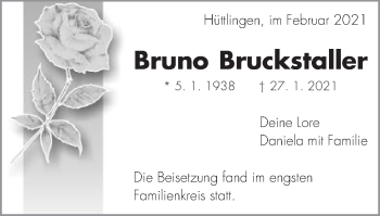 Traueranzeige von Bruno Bruckstaller von Schwäbische Post
