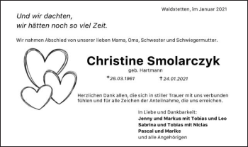 Traueranzeige von Christine Smolarczyk von Gmünder Tagespost