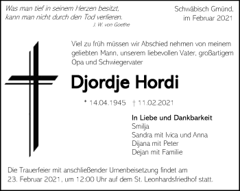 Traueranzeige von Djordje Hordi von Gmünder Tagespost