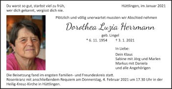 Traueranzeige von Dorothea Luzia Herrmann von Schwäbische Post