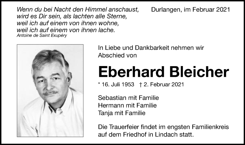  Traueranzeige für Eberhard Bleicher vom 06.02.2021 aus Gmünder Tagespost