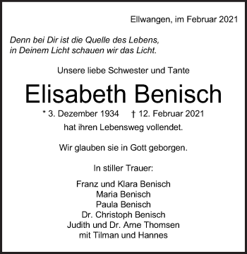 Traueranzeige von Elisabeth Benisch von Schwäbische Post