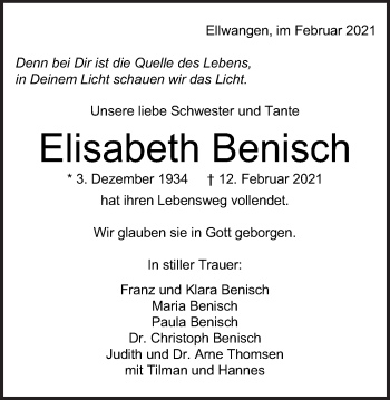 Traueranzeige von Elisabeth Benisch