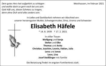 Traueranzeige von Elisabeth Häfele von Schwäbische Post