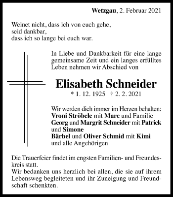 Traueranzeige von Elisabeth Schneider von Gmünder Tagespost