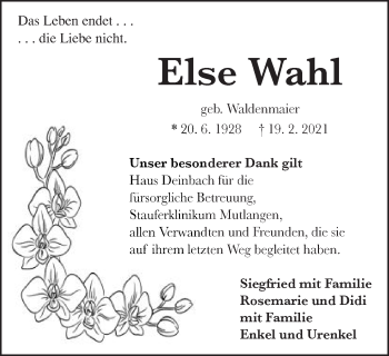 Traueranzeige von Else Wahl von Gmünder Tagespost