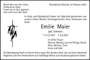 Traueranzeige von Emilie Maier von Gmünder Tagespost