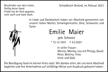 Traueranzeige von Emilie Maier