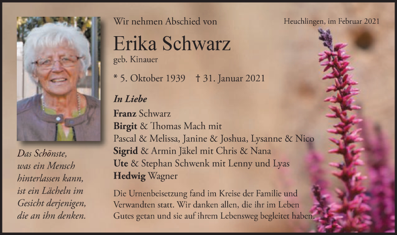  Traueranzeige für Erika Schwarz vom 06.02.2021 aus Gmünder Tagespost