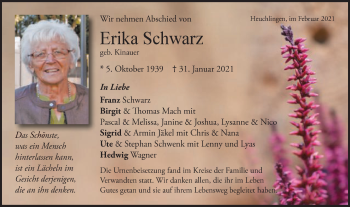 Traueranzeige von Erika Schwarz von Gmünder Tagespost